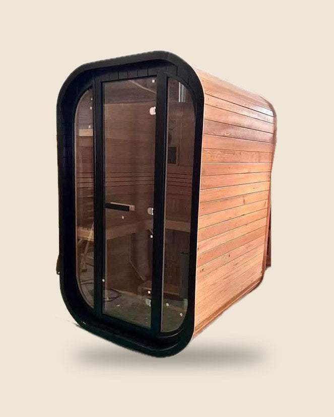 Small 21 Cube sauna with Canadian hemlock sides and full glass front