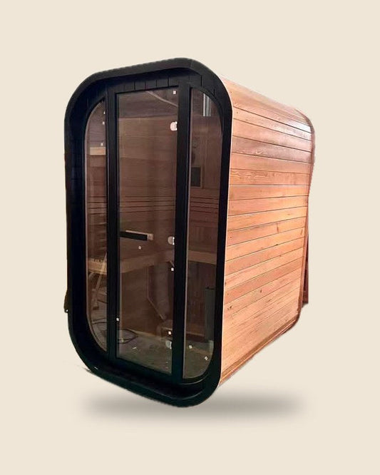 Small 21 Cube sauna with Canadian hemlock sides and full glass front